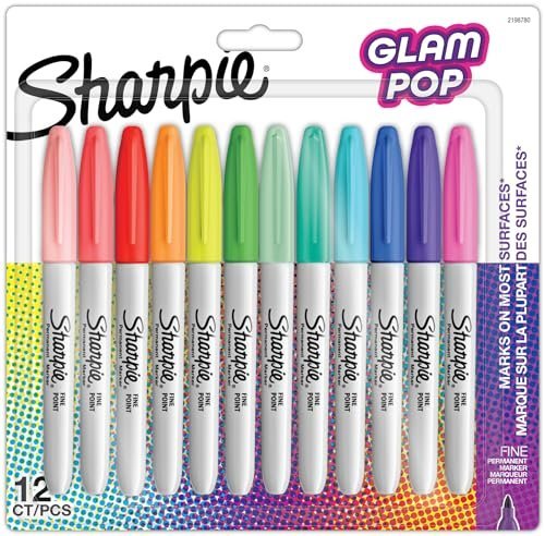 Sharpie Glam Pop Permanent Markers | Fine Point for Bold Details | Assorted Vibrant Colours | 12 Marker Pens