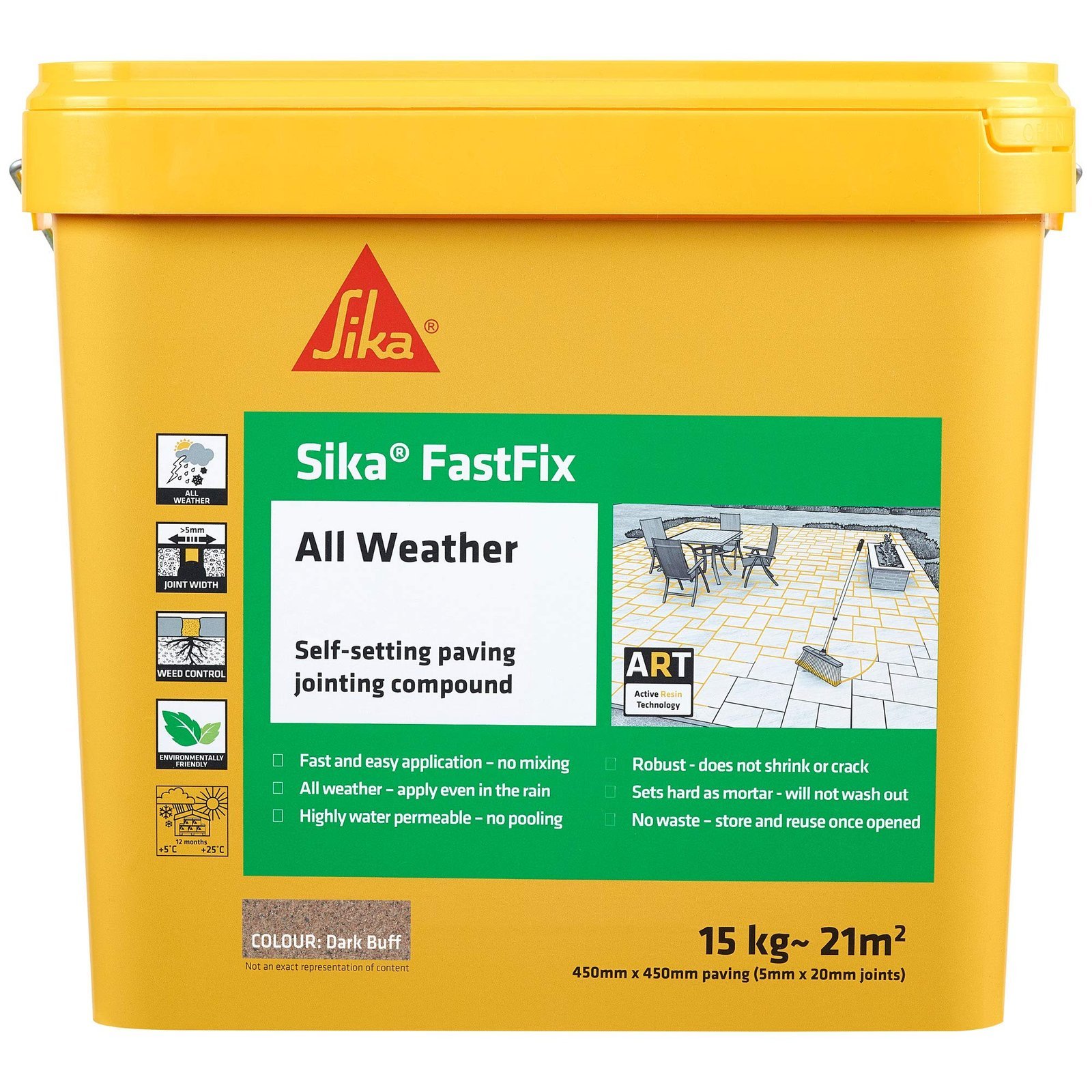 Sika – FastFix All Weather Self-Setting Paving Jointing Compound – Ready To Use – No Mixing Required – Dark Buff – 15kg – 21 sq. m