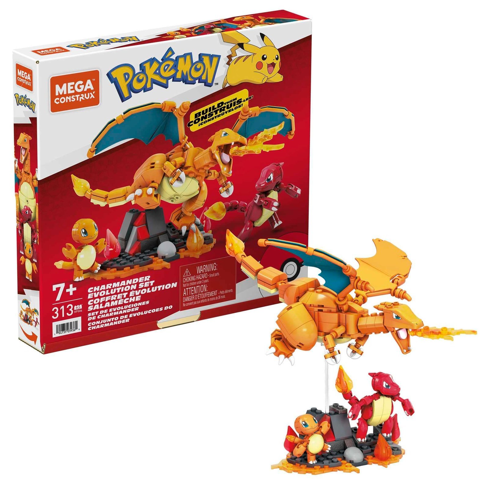 MEGA Pokémon Action Figure Building Toys for Kids, Charmander Evolution Set with 300 Pieces, 3 Poseable Characters, Charmeleon and Charizard, HFG06