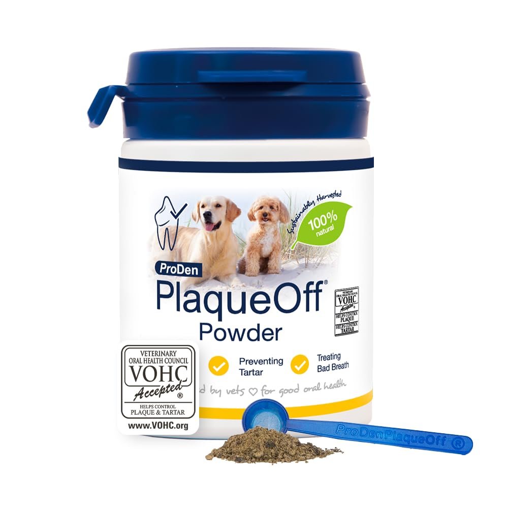 ProDen PlaqueOff Powder for Dogs & Cats, Tartar & Bad Breath Remover 100% Natural Teeth Cleaner and Plaque Remover 60 g