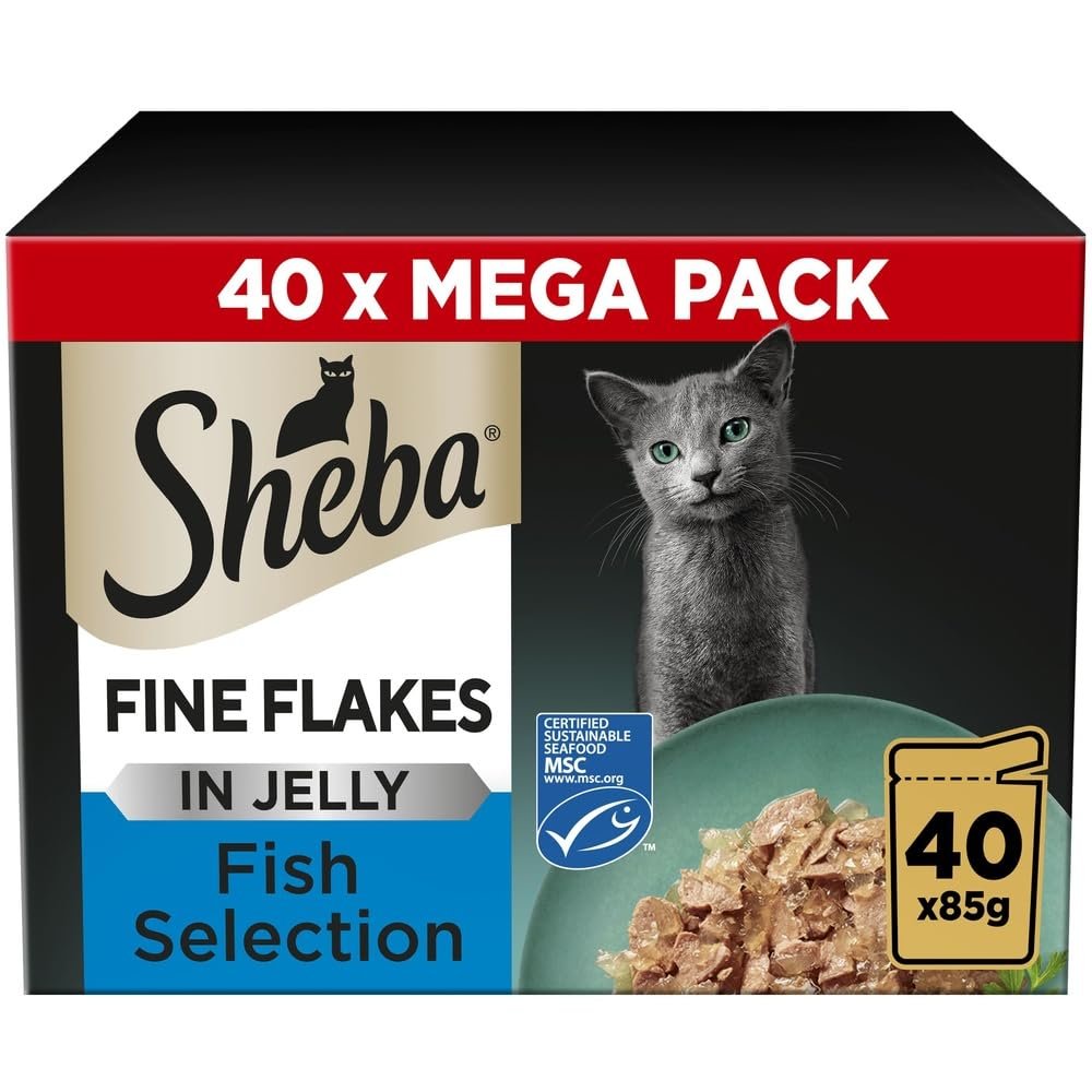 Sheba Fine Flakes in Jelly – Fish Collection – Wet cat food pouches for adult cats – 40x85g pack