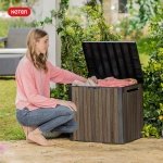 Keter Signature Everwood 30 Gallon Resin Outdoor Storage Box and Patio Furniture Side Table for Pool and Garden Accessories, Walnut - Image 3